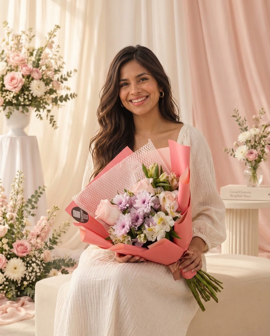 10c8cd66-4603-4438-9702-c0b1c926c517_1789707124896_candidate-1.jpg Ramo de rosas, alstroemerias y crisantemos envuelto en papel rosa — Frontal