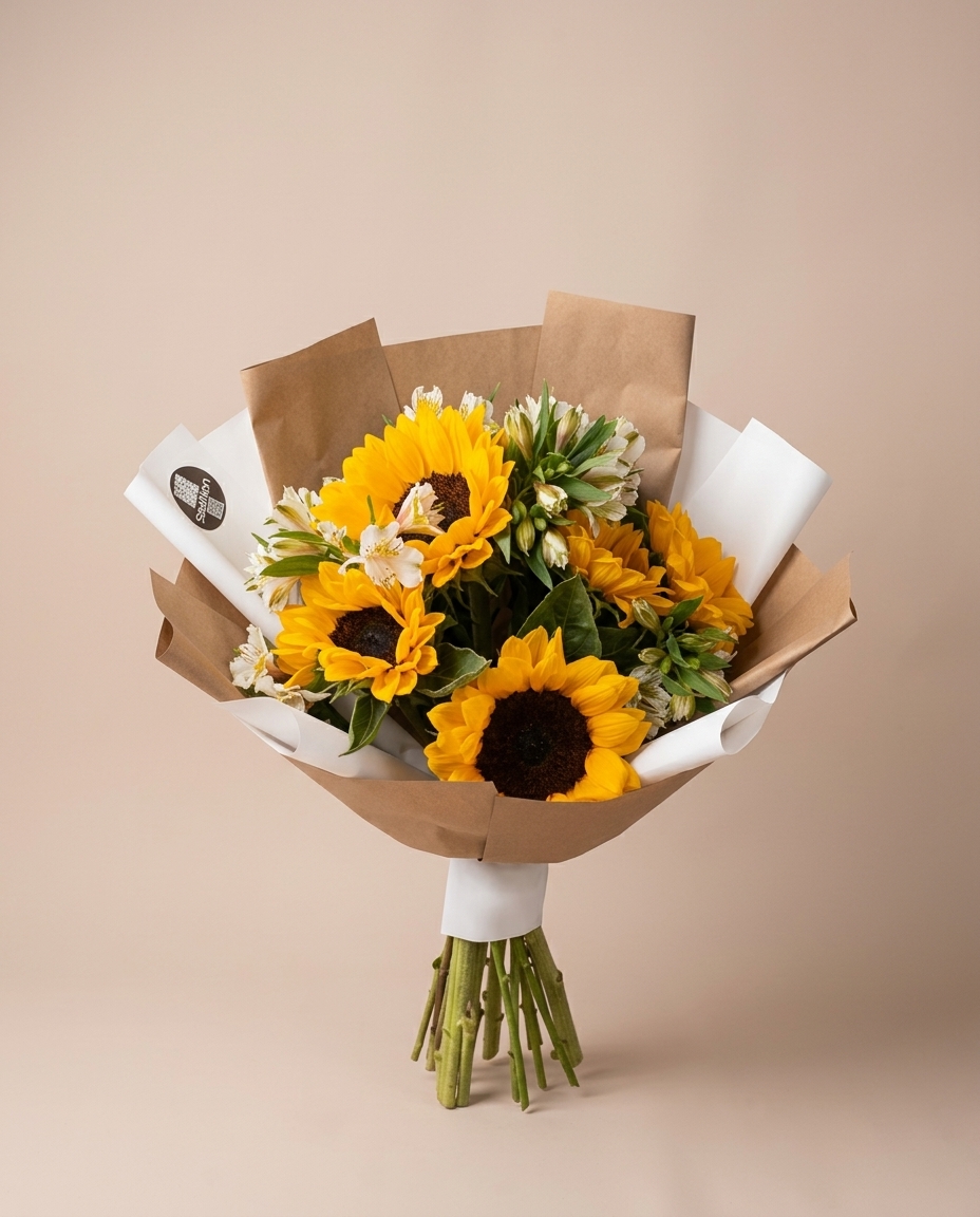 376b8448-536f-4530-b2f0-cfab0a28b63f_1789695528191_candidate.jpg Ramo de girasoles frescos con alstroemerias blancas en papel coreano — Frontal