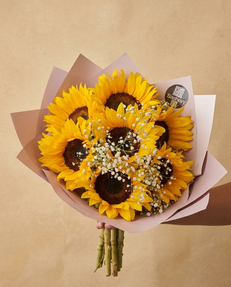 c69aae46-8466-4b24-a6d2-84165f7f4a2d_1789688496554_candidate.jpg Ramo de girasoles frescos decorados con baby breath en papel coreano — Detalle