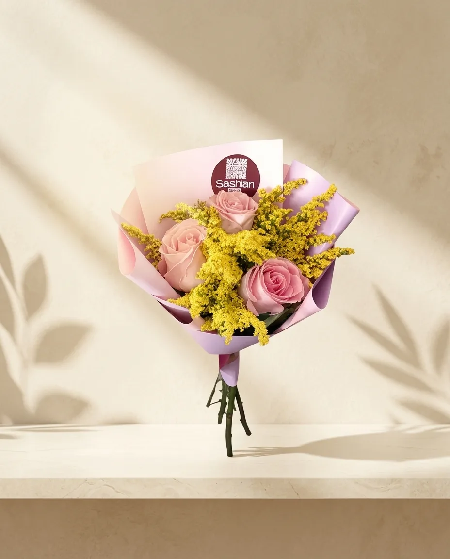 Ramo de rosas rosas con solidago en envoltura pastel