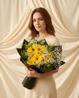 Ramo de gerberas amarillas envuelto con detalles florales