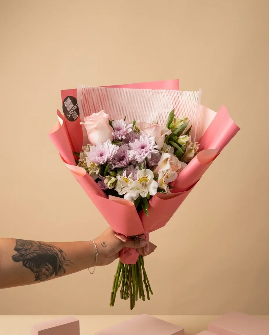 Ramo de rosas, alstroemerias y crisantemos envuelto en papel rosa